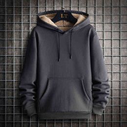 New Winter Fleece Hoodies Men Warm Wool Liner Hooded Sweatshirts Solid Colour Casual Warm Streetwear Sweatshirt Hooded Tops G220713