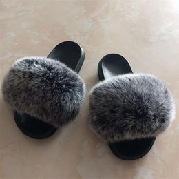 Fur Slides Fuzzy Slippers Femal Fluffy Slippers Real Slippers Flip Flops With Fur Shoe Y200423