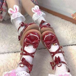 Dress Shoes Fashion Red Pu Girls Lolita Japanese Style Kawaii Bear Buckle Zapatillas Mujer Patchwork Bow Mary Janes 2022 Spring 220516