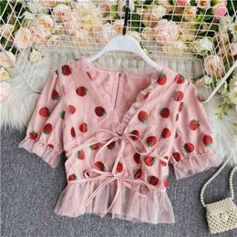 Pink Strawberry Shirts Mesh Sexy V Neck Blouses Woman Summer Puff Sleeve Blusa Shirts Casual Sweet Tops Female party blouse 210326