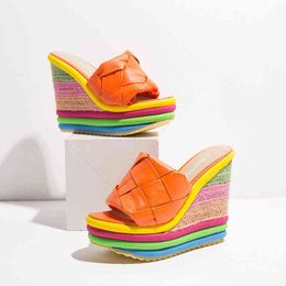 Women Fashion Rainbow Sandals Hemp Wedge Platform Slippers Ladies Summer Ultra High Roman Shoes Sandalia Pantoufle Femme J220716