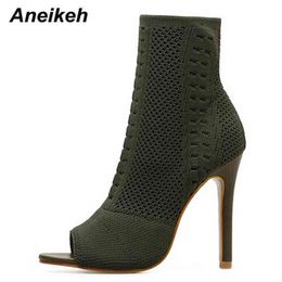 Aneikeh Rome Style Sexy Peep Toe Solid Stretch Fabric Hollow Thin High Heel Ankle Boots Chelsea Boots Women Party Dress Pumps 35 42 220421
