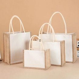 Reuseable Burlap Jute Tote Shopping Bag with Sturdy Handle Women Casual Large Capacity Travel Beach Storage Organizer Handbag GCF14411