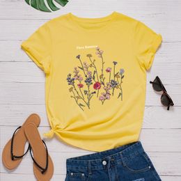 Women's TShirt Summer 100cotton Shirt Flora Batanica Print Sexy Short Sleeve Tees Fashion Yellow Tops 230206