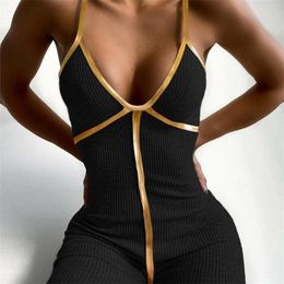 Women Sexy Colorblock Print Ribbed Skinny Cami Jumpsuit Female Casual Spaghetti Strap Jumpsuit Contrast Binding V Neck Jumpsuit T200616