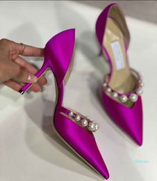 Elegant Women Sandals Shoes Stain Leather Pointed Toe Women Pumps with Pearl Embellishment Sexy Brands Lady High Heels