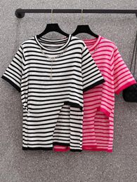 Women's T-Shirt Oversize L-4XL Striped Chic Female Summer Fashion Ice Silk Knitted Large Tshirt With Necklace Loose Tops KnitwearWomen's