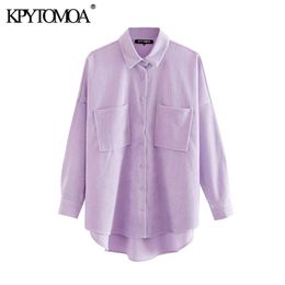 KPYTOMOA Women 2020 Fashion Pockets Oversized Corduroy Shirts Vintage Long Sleeve Asymmetric Loose Female Blouses Chic Tops LJ200813