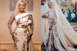 Plus Size Arabic Aso Ebi Sparkly wedding dresses rose gold Long Sleeves nigerian african outdoor bridal Second Reception Gowns