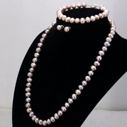 Hand knotted 7-8mm purple freshwater pearl necklace 45cm bracelet 20cm earrings set for women fashion Jewellery