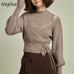 Neploe Turtleneck Drawstring Puff Sleeve Knitted Sweaters Sweet Loose Shoulder Strapless Women Tops Autumn Winter Pullovers 201222