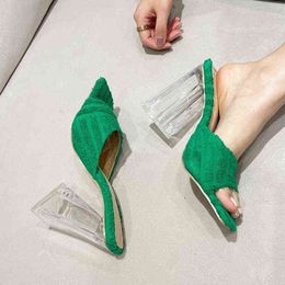 Strange Transparent Heels Women Slippers Sandals Green Orange Fluffy Fur Slides Fashion Square Open Toe Ladies Shoes Flip Flops 220530