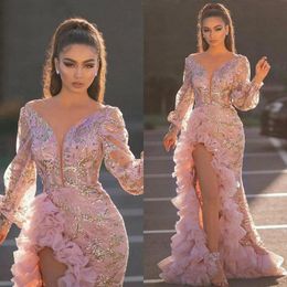 Evening Party Women Elegant Sexy V Neck Split Side Ruffles Pink Dress Night Club Prom Wedding Long Maxi Plus Size4R93