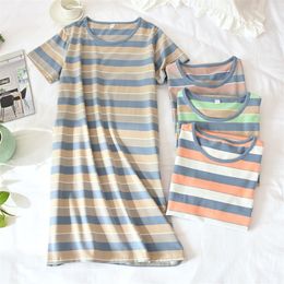 Women's Koreanstyle Knitted Colour Stripe Nightgowns Summer Cotton Shortsleeved Nightdress Thin Section Breathable Home Dresses T200429
