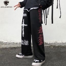 Aolamegs Gothic Pants Men Japanese Casual Sweatpants Graffiti Anime Punk Hippie Wide Leg Trouser Harajuku High Street Streetwear 220325