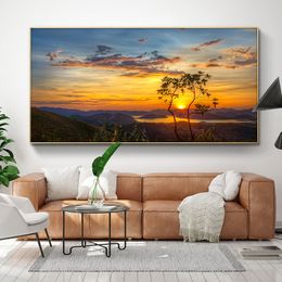 Nature Sunset Lake Tree Landscape Wall Art Mountain Canvas Painting Posters and Prints Cuadros Wall Picture for Living Room