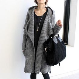 Wholesale-2022 Sale Women's Autumn Winter Long Style Knitted Cardigans Coat Womens Simple Loose Hooded Sweaters Coats