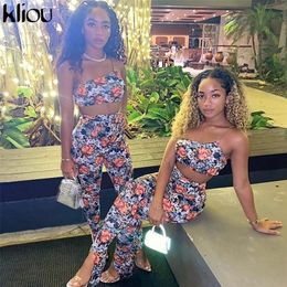 Kliou Printed Sexy Hot Clubwear Two Piece Sets Women 2020 Skinny Sleeveless Outfits Slim Halter Crop Top And Pants Co ord Set LJ201125