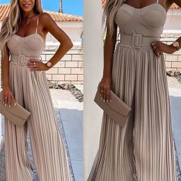Summer Spaghetti Straps Rompers Women Fashion Wide Leg Pants Ladies Elegant Sleeveless Solid Long Casual Jumpsuit With Belt 220714