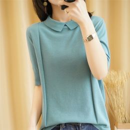 Summer short-sleeved female doll collar female pullover T-shirt vest knitted large size short-sleeved slim loose T-shirt 210317