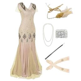 1920s Gatsby Sequin Flapper Dress Party Stage Wear Beaded with 20s Accessories Headband Gloves Earrings Pearl Necklace Cigarette Holder Set Plus Size