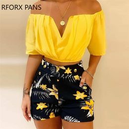 Women Off Shoulder Ruched Top Tropical Print Shorts Set Two Pieces Set 220527