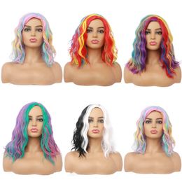 Women's Cos Wig Rainbow Multicolor Partial Bangs Medium Long Curly Hair Chemical Fibre Hair Synthetic Wig Halloween Holiday Wigs