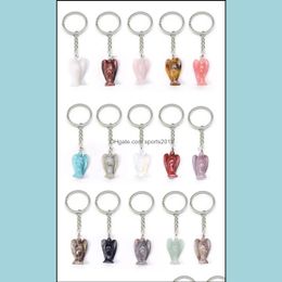 Arts And Crafts Natural Stone Angel Key Rings Sier Colour Healing Pink Crystal Car Decor Keyholder Keychains For Women Me Sports2010 Dhrfh