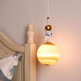 Pendant Lamps Children Room Bedside Lamp Boy Bedroom Single Head Small Droplight Cartoon Astronauts To The Moon Led Decorative AndPendant