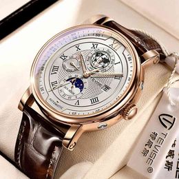 2022 TEVISE Business Waterproof Mens Mechanical es Top Brand Luxury Leather For Men Moon Phase Automatic Wrist Y220707