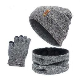 Beanies Hat Ring Scarf Gloves Set Winter Knitted Thick Warm cap Women Men Solid Retro Beanie Hat Soft Touch Screen Gloves GC1538