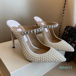 2022-Beige high-heeled slippers Gem-embellished studded anklet mules baily shoes beaded pearl sandals women Luxury Designers shoe Dress