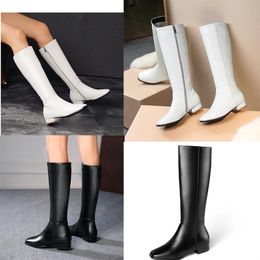 Designer Over Knee Boots Large Size Square Toe Low Heel Black White Premium Fall Winter Side Zipper PU High Quality Boots