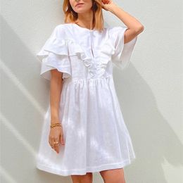 OOTN Summer Holiday Casual Dress Women Loose White A-Line Elegant Mini Dress Ruffled Thin Cotton Linen Outing Comfort Dress Lady 220511
