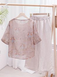 Women's Two Piece Pants Retro Fashion Linen T-shirt Sets Round Neck Short Sleeves Printing Women Loose Wide Hem TrousersWomen's