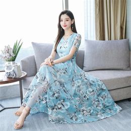 Printing Gauze sweet Floral Dres Fashion elegant big size party Dress Ladies summer Chiffon short sleeve Beach Dresses 220518