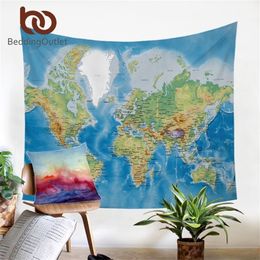 BeddingOutlet Tapestry Blue Printed Wall Hanging Twin Size Carpet Home Decor Wall Tapestry World Map Polyester Sheet Hot 200cm T200601