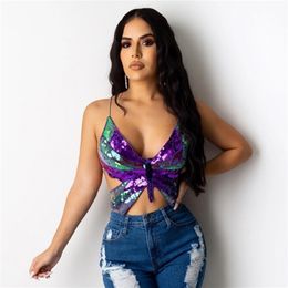 Sexy Halter Sequin Butterfly Corset Crop Women Summer Club Womens Tops Backless Party Vintage Clothes Tank Top 210326