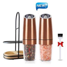 Electric Pepper Mill SetGravity Induction Salt and Grinderwith LED Light for Kitchen Spice MillStainless Steel Copper 210713