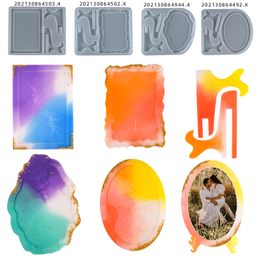 Photo Frame with Holder Base Resin Molds Oval Rectangle Agate Design DIY Standing Photo Pictures Silicone Moulds Epoxy Making