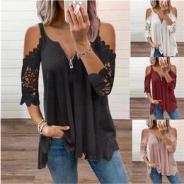 Summer Fashion Solid Colour Casual Top Women's Sexy Low-Cut V-Neck Zipper Stitching Lace Mid-Sleeve Plus Size T-Shirt Women 220402