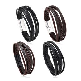 PU Leather Braided Wrap Charm Bracelets for Men Vintage Handmade Bracelet for Women Ethnic Magnet Buckle Wristbands