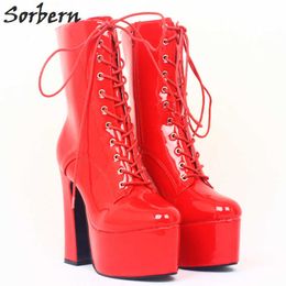 Shiny Red Patent Boots Women Ankle High Platform Shoes Short Fall Boots Women Lace Up Fetish Rubber Sole Size 8 Heeled Booties