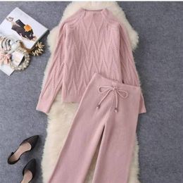 Solid Fashion Autumn Winter Knitted Matching Sets Pink Half High Collar Pullover Sweater Tops Wide Leg Knitting Pants All-match 220315