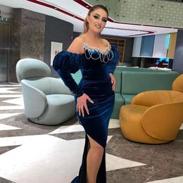 New Blue Prom Dress 2022 For Women Velvet Beading Strapless Long Sleeve High Side Split Sexy Mermaid Evening Dresses Robes De Soirée