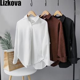 Lizkova White Corduroy Formal Shirt Women Long Sleeve Official Blouse Ladies Oversized Tops 8876 210326