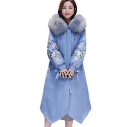 Women's Trench Coats Chinese National Style Clothes Down Cotton Coat Female Real Fur Collar Winter Jacket Women Vintage Embroidery Parka Fem