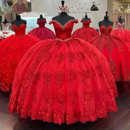Princess Red Off The Shoulder Quinceanera Dresses Handmade 3D Flowers Birthday Party Gowns Beaded Formal Prom Vestidos De 15 Ano