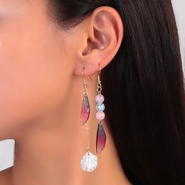 Bohemia Fairy Wings Feather Dangle Earrings for Women Asymmetric Beach Shell Long Tassel Drop Earrings Wedding Bride Jewelry