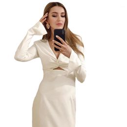 Casual Dresses Deep V-neck Long Sleeve Women Dress Navel Bodycon Fashion Midi 2022 Autumn Winter Solid Sexy Party White